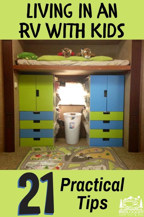 Children and their parents will love this article! It is full of great practical tips, tricks and hacks for living in an RV with kids while traveling full time or on vacation. It has some great ideas for RV camping activities, creating kids space and what to put in your kids room. #rvblogger #campingwithkids #campingactivities #campingtips #traveltips Full Time Rv Living Hacks, Rv With Kids, Rv Living Hacks, Living In An Rv, Full Time Rv Living, Travel Trailer Living, Camper Organization, Rv Organization, Trailer Living