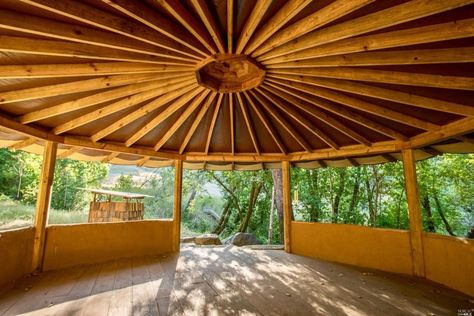 Yoga platform: Tucked among the trees, a peaceful pavilion ideal for yoga or meditation. Yoga Pavilion Design, Yoga Shala Outdoor, Yoga Platform Outdoor, Yurt Platform, Meditation Pavilion, Yoga Pavilion, Outdoor Meditation Space, Yoga Platform, Garden Yoga