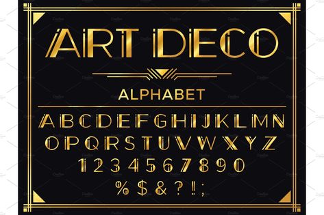 Art deco font. Golden 1920s by Tartila on @creativemarket Art Deco Numbers, 1920 Typography, Art Deco Typeface, Roaring 20s Font, Typography Fonts Handwriting, Art Deco Font Typography, 1920s Font, Art Deco Font Alphabet, 1920s Fonts Typography