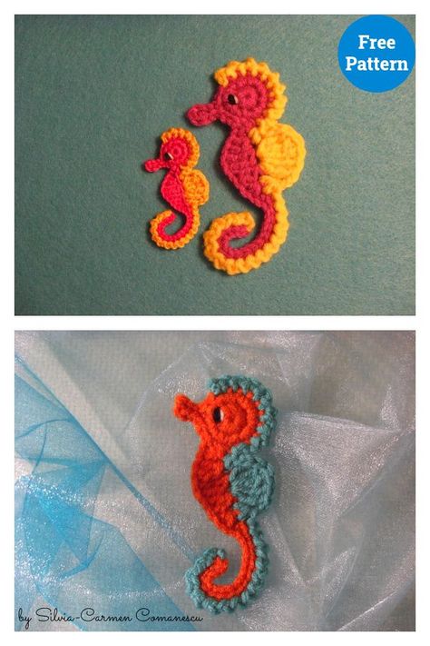 Seahorse Applique Free Crochet Pattern Crochet Seashell Applique, Applique Crochet Patterns, Amigurumi Beginner, Crochet Appliqué, Crochet Applique Patterns Free, Crochet Embellishments, Crochet Fish, Granny Square Crochet Patterns Free, Crochet Work