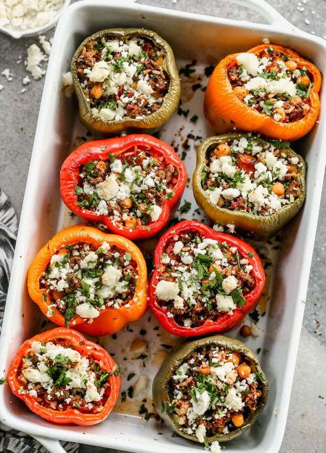 18 Mediterranean Diet Recipes You Can Meal Prep | The Everygirl Stuffed Peppers With Feta Cheese, Stuffed Bell Peppers With Feta Cheese, Stuffed Bell Peppers Feta, Feta Stuffed Peppers, Rice Stuffed Peppers, Greek Stuffed Peppers, Ground Beef Breakfast, Greek Rice, Stuffed Peppers Beef