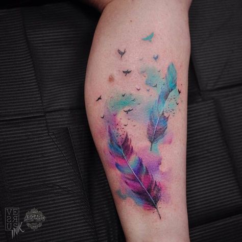 Feather Tattoo by versusink Feather Tattoo Colour, Flower Wrist Tattoos, Feather Tattoo Design, Half Sleeve Tattoos For Guys, Tatuaje A Color, Hummingbird Tattoo, E Tattoo, Feather Tattoo, Up Tattoos