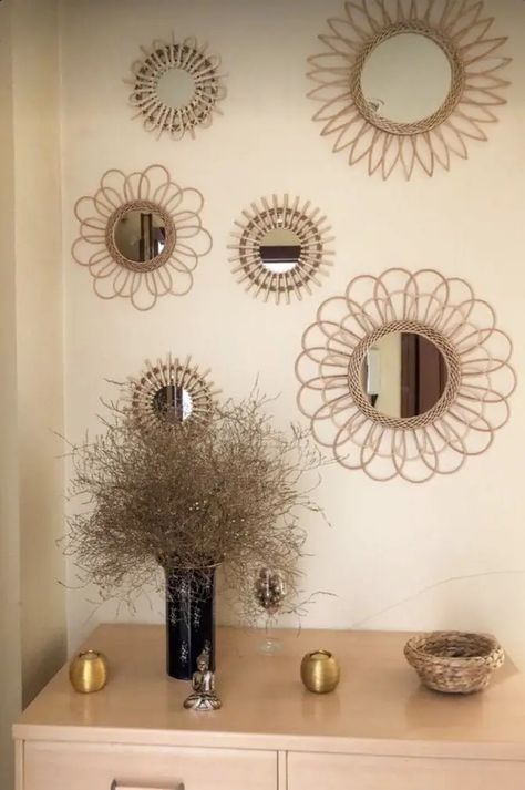 33 Wall Mirror Decorating Ideas to Transform Your Space - placeideal.com Rattan Wall Art, Mirror Decorating Ideas, Wall Mirror Ideas, Rattan Wall Decor, Woven Basket Wall, Diy Beach Decor, Rattan Wall, Boho Crafts Diy, Bohemian Living Rooms