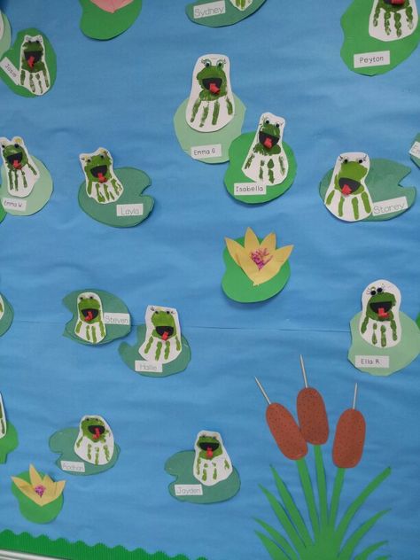 Frog handprints Frog Classroom, Frog Activities, Preschool Rooms, Frog Theme, Frog Crafts, Toddler Classroom, Toddler School, Class Theme, New Classroom