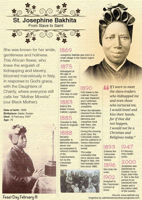 St. Josephine Bakhita Josephine Bakhita, St Josephine Bakhita, World Day Of Prayer, 8 February, Saint Quotes, Religious Education, Catholic Quotes, February 8, Roman Catholic Church