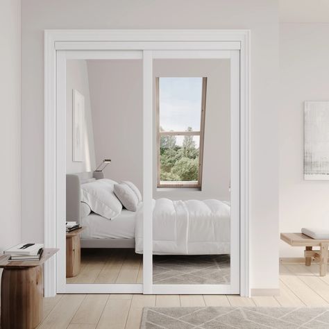 ARK DESIGN 1 Lite Tempered Mirrowed White Sliding Closet Door with Hardware & Reviews | Wayfair Sliding Mirror Closet Doors, Sliding Closet Door, Mirror Closet, Bedroom Closet Doors, Mirror Closet Doors, Sliding Mirror, White Closet, Bedroom Laundry, Laundry Bathroom