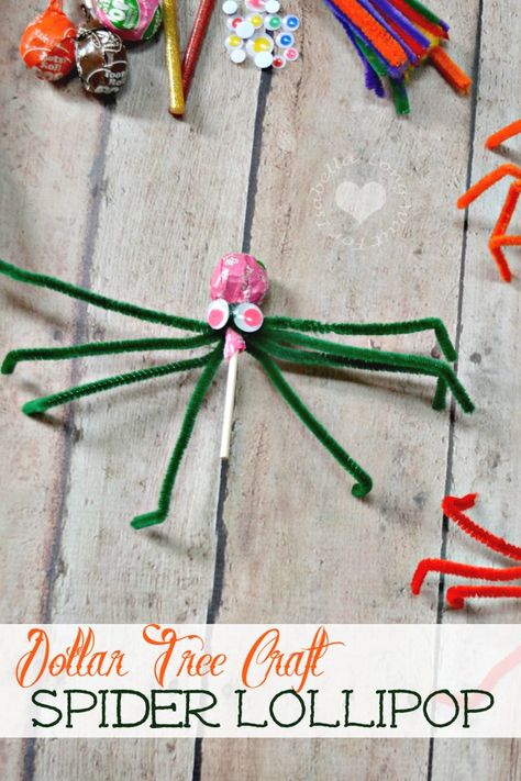 Dollar Tree Crafts: Pipe Cleaner Spider Lollipop Craft Lollipop Craft, Halloween Candy Crafts, Halloween Party Planning, Kids Craft Supplies, Spider Crafts, Kid Friendly Halloween, Pipe Cleaner Crafts, Dollar Tree Store, Scary Halloween Party