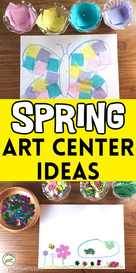 These fun and creative Spring Art Center ideas from PreKinders will help your preschool artists create some Spring inspired art. So often we give children the same bright colored art materials, those “8 basic colors” to use all year long. Spring is a great time to change it up and introduce some pastels. Check out this fun preschool learning activity! Art Center Ideas Preschool, Art Center Ideas, Pre K Art, Montessori Crafts, Spring Preschool Activities, Cupcake Papers, Christian Preschool, Spring Kindergarten, Learning Stations