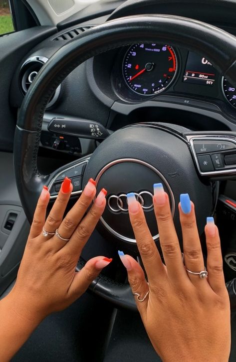 beachbbyxo Bright Blue Acrylics, Fourth Of July Nails Checkered, Nail Stickers Designs, Black Nail Art, Winter Nails Acrylic, Blue Acrylic Nails, Cute Summer Nails, 4th Of July Nails, French Tip Acrylic Nails