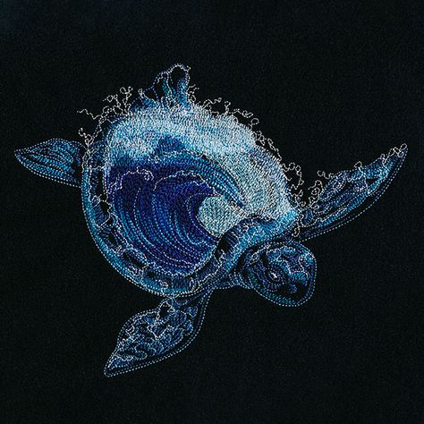 Dive into creative new projects with this mesmerizing machine embroidery design. The sea turtle's shell is made of an ocean tidal wave! Contains sheer stitching and the black areas are open to fabric. Make pillows, sweatshirts, totes, and more using dark-colored fabrics for best results. Turtle Embroidery, Sea Turtle Shell, Waffle Weave Towels, Animal Embroidery Designs, Urban Threads, Tidal Wave, Turtle Shell, Animal Embroidery, Embroidered Towels