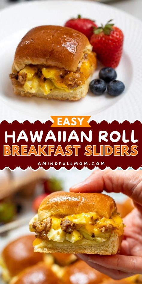 These Hawaiian Roll Breakfast Sliders are the best breakfast recipe ever! Made with fluffy rolls, eggs, breakfast sausage, and cheese and topped with buttery maple syrup. These sweet and savory sandwiches make a great back-to-school breakfast idea! Breakfast Sandwich With Hawaiian Rolls, King Hawaiian Breakfast Sliders, Hawaiian Roll Breakfast Sandwiches, Breakfast Sandwiches With Hawaiian Rolls, Breakfast With Hawaiian Sweet Rolls, Hawian Roll Breakfast, Hawaiian Roll Breakfast Ideas, Kings Hawaiian Breakfast, Hawaiian Breakfast Ideas