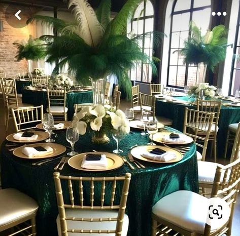 Green And Gold Table Decorations, Nigerian Wedding Decor, Green Quinceanera Theme, Tiana Wedding, Cocktail Table Decor, Luxury Goals, Event Decor Ideas, Black Centerpieces, Nigerian Party