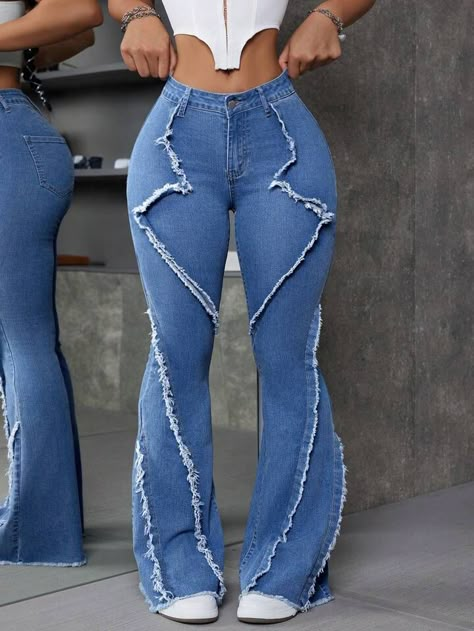 SHEIN ICON Women Fashion Mottled Washed Denim Patchwork Flared Jeans With Frayed Hem | SHEIN USA Shein Icon, Moda Jeans, Womens Fall Dress, Denim Patchwork, Mode Inspo, Fashion Design Clothes, Washed Denim, Women Denim Jeans, Cute Simple Outfits