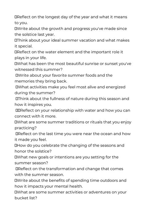 Unleash the magic of the longest day and capture its essence through introspective journaling. 📝✨ Here are 15 prompts to ignite your thoughts and set your spirit ablaze with inspiration. 🔥🌻 📚✨ Unleash your thoughts, dreams, and revelations onto the pages of your journal, and let the power of the Summer Solstice guide your pen. 🌞🖋️✨ #SummerSolsticeJournaling #ReflectivePrompts #IgniteYourSpirit #JournalingMagic #SunshineThoughts #SummerInspiration #SolsticeMagic #SeasonalReflections Summer Solstice Prompts, Summer Solstice Journal Prompts, Journal Pages Printable, Water Element, Summer Solstice, Summer Inspiration, Shadow Work, Beautiful Sunrise, Spirituality Energy