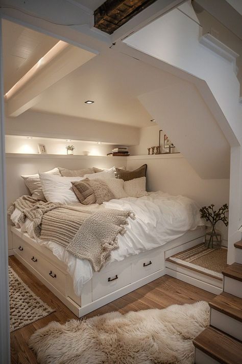 One Person Bed Ideas, Built In Bed Frame, Tiny Bedroom Decor Ideas, Tiny Bedroom Decor, Bunk Loft, Loft Bedroom, Small Loft, Ibiza Style, Attic Bedrooms