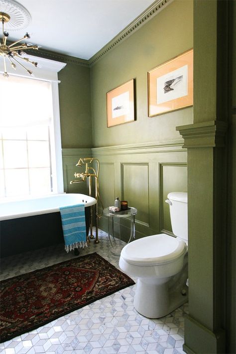 Waynescotting Bathroom, Monochromatic Green Bathroom, Olive Green Bathroom Ideas, Olive Bathroom, Olive Green Bathroom, Olive Walls, Olive Green Bathrooms, Box Molding, Tile Tub