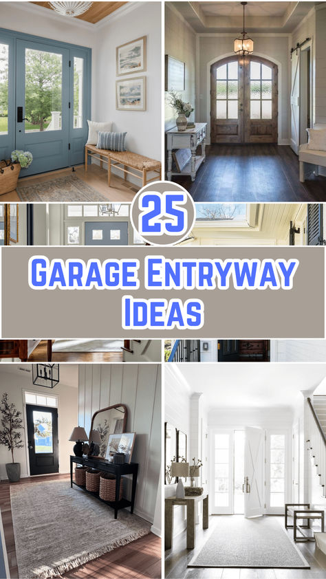 A well-designed garage entryway featuring modern storage solutions, with wall hooks for coats, a wooden bench for seating, and neatly arranged shelves for shoes and bags. Mudroom By Garage Door, Entrance From Garage To House, Breezeway Ideas To Garage Enclosed Mudroom, Garage Turned Into Mudroom, Entry From Garage To House, Mudroom Off Garage Entryway, Small Garage Entryway Ideas, Garage Hallway Entrance, Office Mudroom Combo