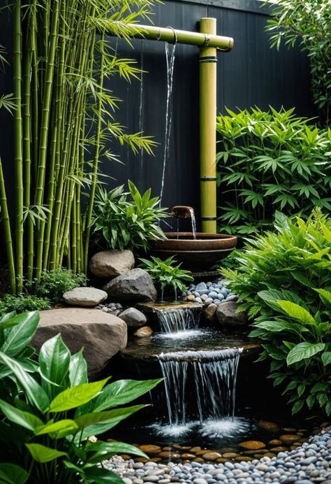 Picture of a Zen waterfall with bamboo and greenery Green Yard Aesthetic, Japanese Gardens For Small Spaces, Arabic Garden Ideas, Water In Garden, Japanese Garden Lighting, Outdoor Zen Garden, Home Plant Decor, Water Garden Ideas, Japanese Water Garden