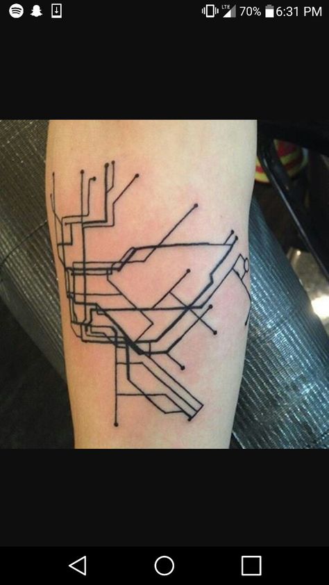 Subway map by @rivingtontattoo Subway Tattoo, Tattoos Architecture, Mta Subway, Brooklyn Tattoo, Map Tattoo, Tattoo 2023, Map Tattoos, Subway Map, Fine Line Tattoos