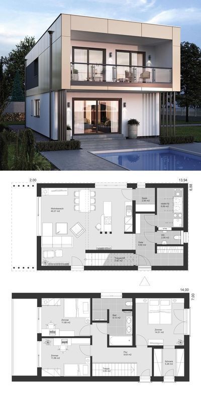 Minimalist House Plans and Architecture Design Ideas Modern with Open Floor Plan, Flat Roof & Pool Terrace Outside for a Narrow Plot with 2 Story & 3 Bedroom, Plan HD23875 - Dream Homes ELK Haus 132 / ELK Haus - Illustration, Drawing, Rendering and Inspiration - Arquitectura moderna casas planos - HausbauDirekt.de #home #house #houseplan #houseplans #homesweethome #dreamhome #newhome #newhouse #homedesign #houseideas #housegoals #architecture #architect #arquitectura #hausbaudirekt Architecture Design House, Modern Minimalist House, Modern Floor Plans, Two Story House Plans, Model Architecture, House Plans One Story, Two Story House, Minimalist House Design, Plans Modern