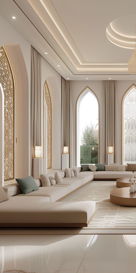 The luxury modern Arabic majlis interior design incorporates intricate geometric patterns and arabesque motifs, exuding cultural richness and elegance.
Plush seating adorned with ornate cushions and luxurious fabrics creates a comfortable yet lavish atmosphere in the modern Arabic majlis.
A stunning chandelier with a contemporary twist serves as a focal point in the luxury modern Arabic majlis interior, adding glamour and sophistication. Andalusian Interior, Modern Andalusian Interior, Majles Design Modern Luxury Interior, Arabic Home, Arabic Seating, Modern Islamic Interior Design, Modern Andalusian Architecture, Arabic House Design, Classic Majlis Interior Design