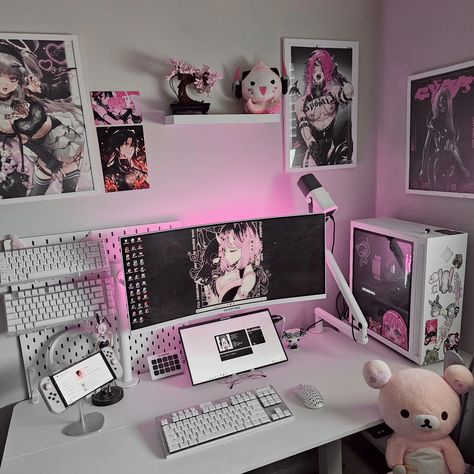 𝖘𝖊𝖙𝖚𝖕 𝖚𝖕𝖉𝖆𝖙𝖊 - for october 🖤🌸 I finally got a shelf above my pc for some stuff to go up there! And for once, I am motivated to push content out since work is slowing down >< do you like the pink, white, & black? #pink #kpop #rilakuma #anime #logitechg #pastelpink #gamingsetup #pinkaesthetics #otaku #pinkgaming #nintendoswitch #overwatch2 Black And Pink Gamer Setup, Black And White Setup, Azey Cosplay, Black Aesthetic Room, Pink Desk Setup, Otaku Aesthetic, Girly Games, Pc Ideas, Gaming Desk Setup