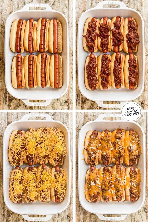 These baked chili dogs are a 4-ingredient dinner that comes together in minutes! When you bake chili cheese dogs in the oven, magic happens—they’re warm, toasty, with perfectly melted cheese. Your family will LOVE this for a weeknight meal, but it’s also great for parties—scale it up for a crowd and put together a topping bar so everyone can customize their baked chili cheese dogs! Baked Chili Dogs, Chili Dog Bake, Baked Chili Cheese Dogs, Hot Dog Casserole, Chili Cheese Hot Dog, Chili Dog Chili Recipe, Chili Dog Casserole, Chili Cheese Dog Casserole, Baked Chili