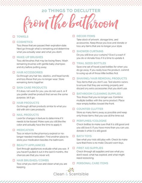 How To Declutter Bathroom, Minimalism Bathroom Organization, Bathroom Declutter Organizing Ideas, Bathroom Items Checklist, Bathroom Organization Categories, Decluttering Bathroom, Bathroom Declutter, Declutter Inspiration, Easy Diy Bathroom