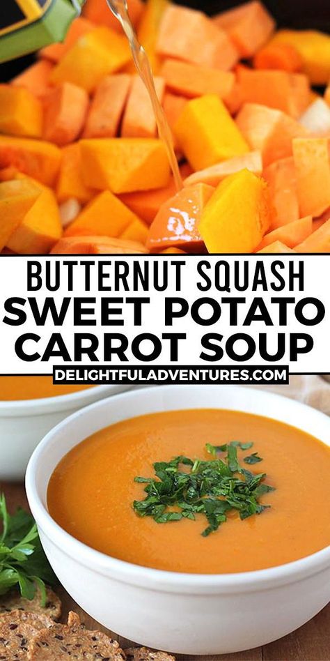 Potato Carrot Soup, Butternut Squash Sweet Potato, Slow Cooker Vegan, Sweet Potato Carrot Soup, Harvest Soup, Sweet Potato Carrot, Butternut Squash Sweet, Roast Veggies, Vegan Butternut Squash