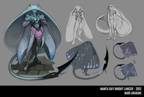 Manta Ray Knight, Mari Arakaki on ArtStation at https://www.artstation.com/artwork/NBnzN Manta Ray Character Design, Manta Ray Design, Manta Ray Character, Manta Ray Mermaid, Manta Ray Oc, Manta Ray, Creature Drawings, Monster Concept Art, Alien Concept Art