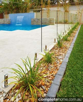 Stone Mulch, Plants Around Pool, Plant Beds, Pool Surround, Landscaping Around Pool, Pool Plants, Glass Pool Fencing, Inground Pool Landscaping, Swimming Pool Landscaping