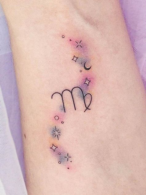 Watercolor milky way tattoo by @goevia.tattoo Virgo Collar Bone Tattoo, Mom Zodiac Tattoo, Virgo Zodiac Sign Tattoo Design, Virgo Watercolor Tattoo, November Zodiac Sign Tattoo, Watercolor Constellation Tattoo, Virgo Neck Tattoos Women, Virgo Tattoo Flower, Watercolor Stars Tattoo