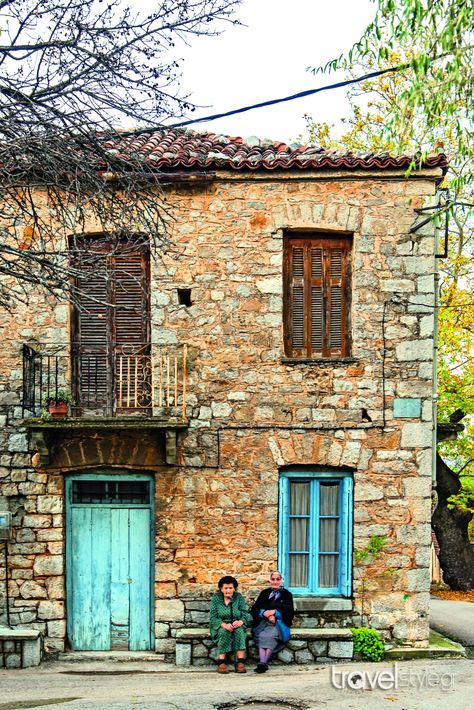 Old house in Polydrosso village, Fokida Prefecture, central Greece Old Greek House, Greek House, Clay Houses, Old House, Old Houses, Windows And Doors, Bright White, Cityscape, Greece