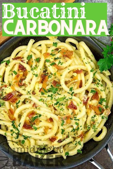 Bucatini Pasta With Chicken, Bucatini Carbonara Geoffrey Zakarian, Chicken Bucatini Recipes, Bucatini Recipes Simple, Bucatini Pasta Recipes, Carbanerra Pasta, Pasta Bucatini, Bucatini Carbonara, Chicken Carbonara Pasta