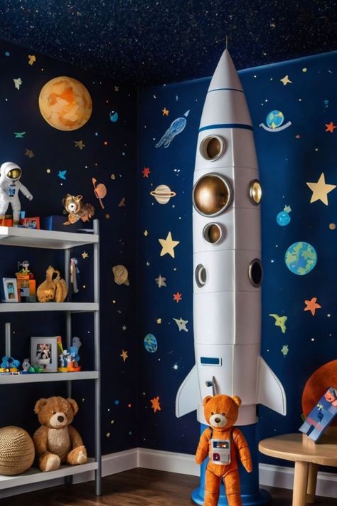 Space-themed kids' playroom with dark blue walls, glow-in-the-dark stars and planets, a rocket-shaped bookshelf, and astronaut toys. Space Adventure, Kids' Playroom, Playroom Design, Dark Star, Space Theme, Glow In The Dark, Beautiful Homes, Planets, To Create