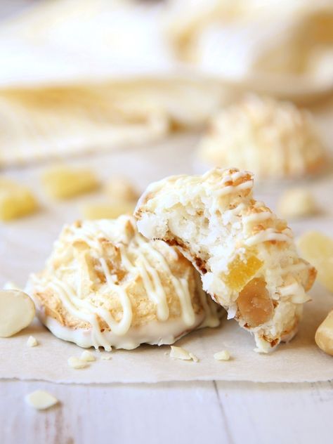 White Chocolate-Dipped Tropical Macaroons - Completely Delicious Pecan Oatmeal Cookies, Macaroon Filling, Pecan Oatmeal, Macaroon Cookies, Dried Pineapple, Melting White Chocolate, Coconut Macaroons, Macadamia Nuts, Chocolate Coconut