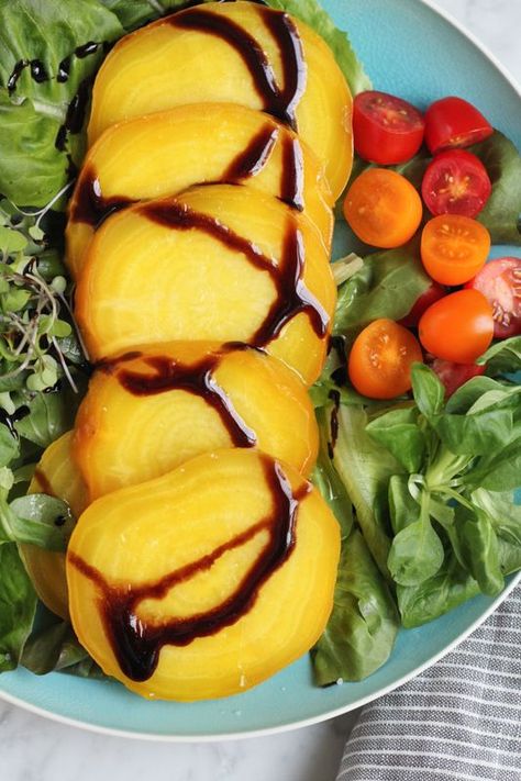 Delicious and beautiful golden beets, oven roasted, and drizzled with extra virgin olive oil and balsamic glaze. These are perfectly roasted beets! You can use them in so many recipes! Golden Beets Recipe, Cooking Beets In Oven, Roasted Golden Beets, Golden Beets, Beet Recipes, Balsamic Glaze, Roasted Beets, Oven Roast, Fruits And Veggies