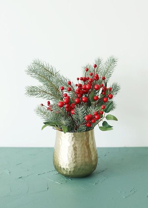 Fake Winter Evergreens Mini Frosted Pine Bush - 12" Gold Vase Christmas Decor, Mini Christmas Floral Arrangements, Christmas Plant Arrangements, Christmas Table Flowers, Christmas Arrangements Floral, Christmas Berry Decor, Christmas Vase Arrangements, Red And Green Christmas Decor, Diy Christmas Centerpieces