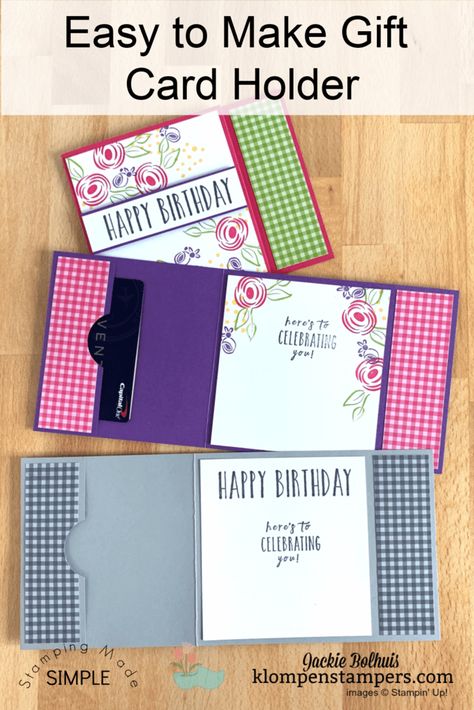 This DIY gift card holder is easy to make and perfect for many occasions. Need a unique way to give money or gift cards? This project is perfect. Check it out at www.klompenstampers.com #diygiftcardholder #giftcardholder #birthdaygiftcardholder #cardmaking #giftideas #craftfairideastosell #klompenstampers #jackiebolhuis Gift Card Holder Template Free Printable, Giftcard Present Ideas Birthday, Cute Ways To Give Gift Cards, Money Holder Cards Diy, Gift Card Holders To Make, Diy Gift Card Holder Ideas, Gift Card Cards, Birthday Card Holder, Diy Gift Card Holder