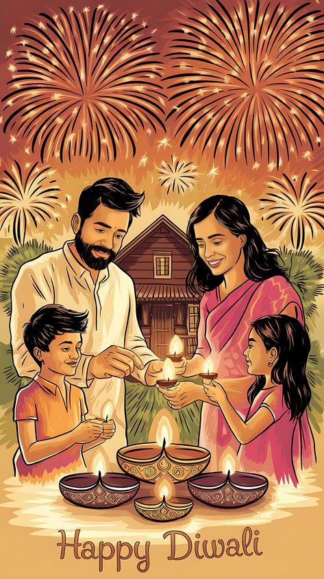 Free Happy Diwali with Family Illustration Happy Diwali Family, Family Celebrating Diwali, Diwali With Family, Diwali Family, Indian Illustrations, Deepavali Greetings Cards, Diwali Illustration, Happy Diwali Poster, Happy Deepavali