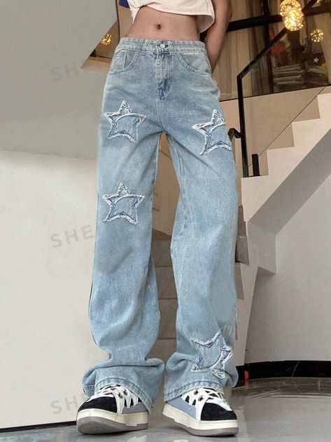 Those Star Patched Wide Leg Jeans in light wash sound super cool! The plain pattern and wide leg design make them a stylish choice. Plus, the star patches add a fun and unique touch. With the zipper fly closure, button details, pockets, and ripped details, they have all the right elements for a fashionable look. They'll definitely make a statement! 👖✨ Star Patches, Trouser Outfit, Leg Design, Super Cool, Favorite Jeans, The Star, Wide Leg Jeans, Everyday Fashion, Leg Jeans