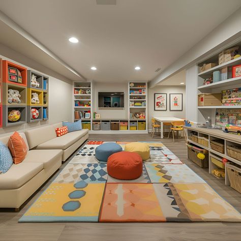 Basement - Size, Functionality, Uses, Furniture And Renovation Basement With Playroom, Basement Playroom And Family Room, Basement With Play Area, Basement Sensory Room, Basement Playroom Paint Colors, Colorful Basement Ideas, Older Kids Playroom Ideas, Tv Playroom, Finished Basement Playroom