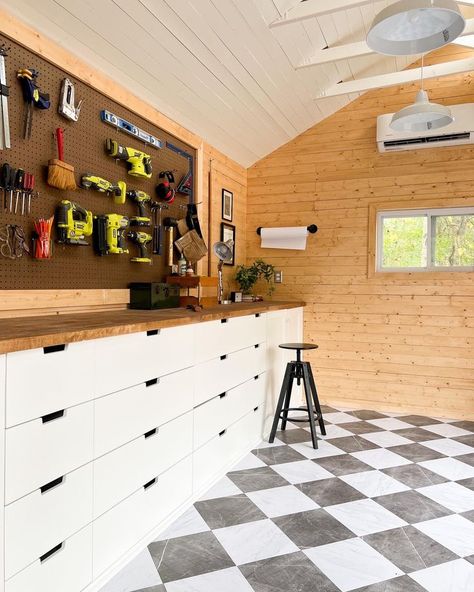 A DIYer's Modern Workshop Conversion from Tuff Shed / ikea hack Nordli drawers / peel & stick tile faux marble / butcher block counter / tools storage Pegboard Tools, Planked Walls, Workshop Shed, Tuff Shed, Shed Interior, Tools Storage, Wood Walls, Garage Interior, Backyard Sheds