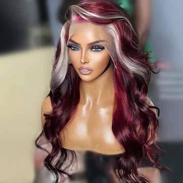 Red With Blonde Money Piece Wig, Summer/fall Hair Color, Burgundy Hair With Highlights Blonde, Vibrant Red Hair With Blonde Highlights, Burgundy Hair With Blonde Money Piece, Maroon And Blonde Hair, Burgundy With Blonde Highlights, Maroon And Pink Hair, Crimson Hair Color