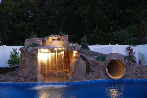 s wow 11 dreamy ideas for people who have backyard pools, outdoor living, pool designs, Commission an awesome slide and grotto Grotto Pool, Insane Pools, Living Pool, Dream Backyard Pool, Pond Water Features, Pool Waterfall, Luxury Pools, Outdoor Spa, Dream Pools