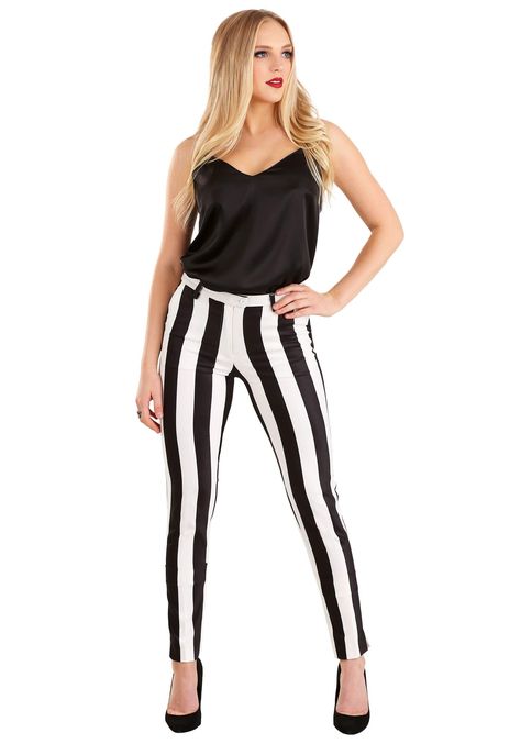 PRICES MAY VARY. Size: Size 8 94% polyester, 6% spandex Zipper fly w/ button and metal hook & eye at top Front side seam pockets Belt loops around waistband, welted false hip pockets in back Beetle-Wow. Show your love of this classic 80s movie with this officially licensed Beetlejuice Suit Pants for women, a daring blend of classic style and contemporary edge. The iconic Beetlejuice stripe pattern adds a playful twist to the traditional design, allowing you to stand out in any professional or so Beetlejuice Suit, Suit Pants For Women, Beetlejuice Costume, Fun Costumes, Pantsuits For Women, Suit Up, Suit Pants, Tailored Pants, Women's Costumes