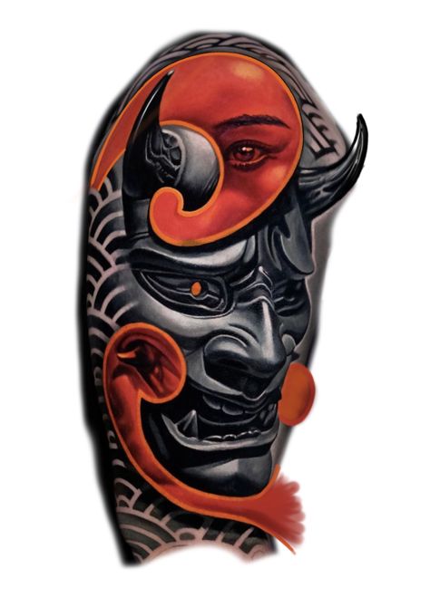 Hannya Mask Tattoo Design, Dragon Tattoo Full Back, Mask Tattoo Design, Japanese Oni Mask, Samurai Tattoo Sleeve, Oni Mask Tattoo, Japanese Back Tattoo, Oni Tattoo, Hannya Mask Tattoo