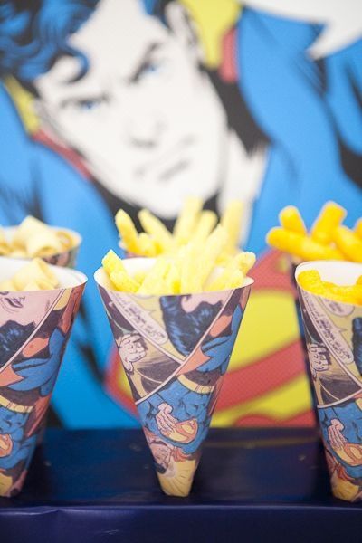 Adult Superhero Party, Superhero Treats, Food Cones, Salt And Vinegar Chips, Supergirl Birthday, Vinegar Chips, Zap Pow, Superheroes Party, Superman Spiderman