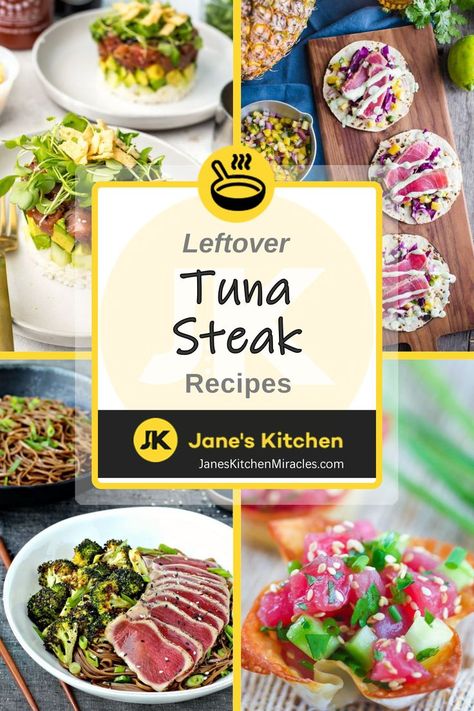 A few Leftover Tuna Steak Recipes pictured Leftover Tuna Steak, Tuna Steak Dinner, Steak Lunch, Tuna Tacos, Tuna Steak Recipes, Avocado Tuna Salad, Leftover Steak, Tuna Steak, Crispy Tacos