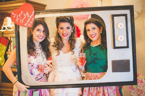 50's Housewife Retro Bridal Shower photobooth Photo  - This looks so fun! 50s Theme Photobooth, 50s Bridal Shower Ideas, Retro Photobooth Ideas, Retro Bridal Shower Ideas, Retro Photobooth, 1950s Wedding Theme, Bridal Shower Retro, 1950s Bridal Shower, 50s Wedding Theme